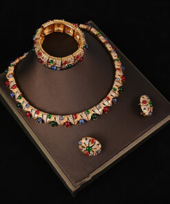 Vintage Copper Necklace Ear Studs and Bracelet Set Inlaid with Rhinestones