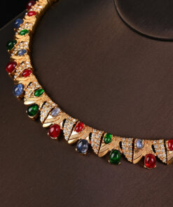 Vintage Copper Necklace Ear Studs and Bracelet Set Inlaid with Rhinestones (4)